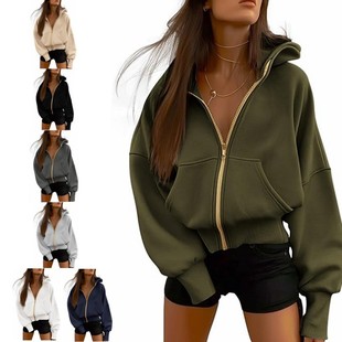 运动衫 短款 羊毛连帽夹克 时尚 亚马逊女式 秋冬装 拉链连帽长袖