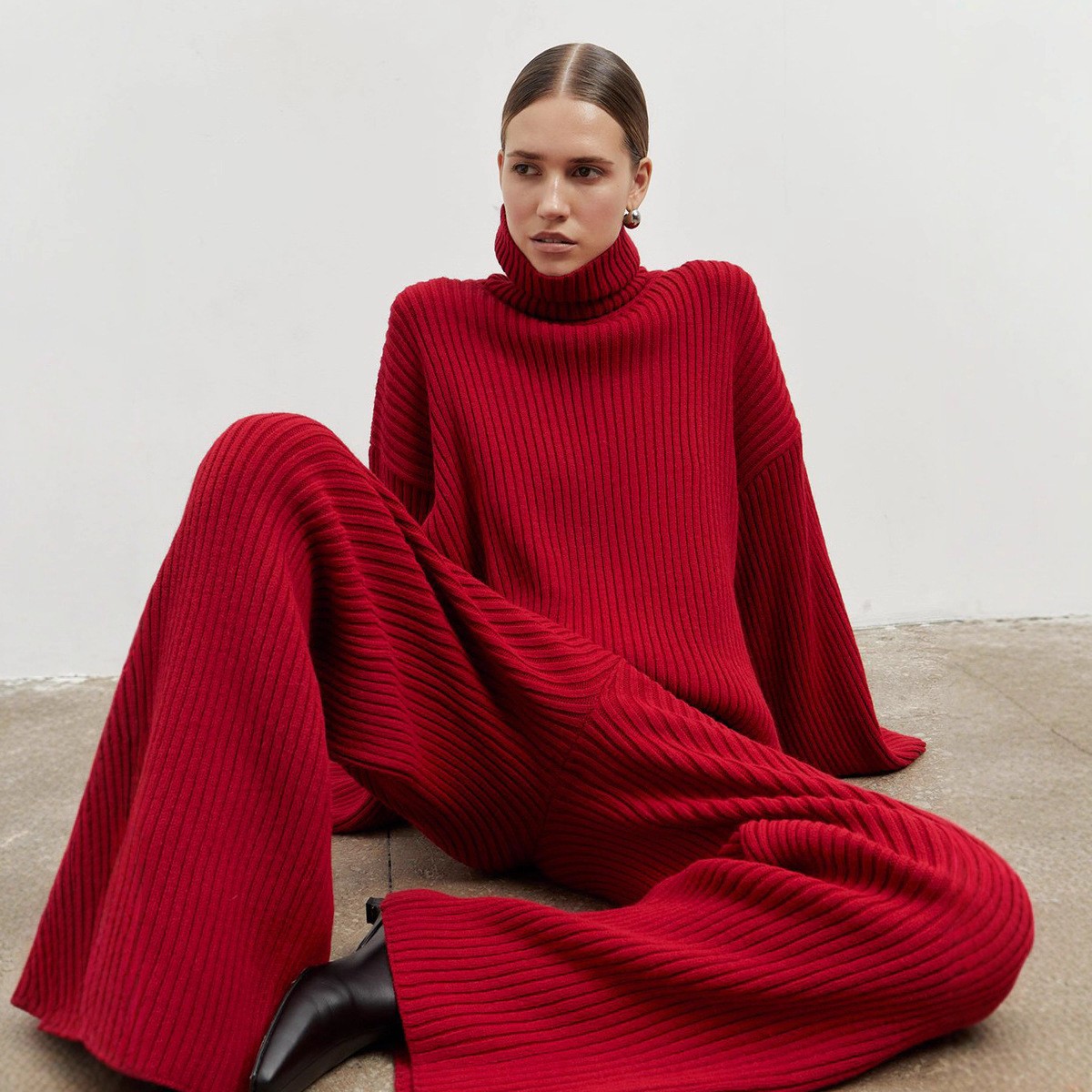 跨境坑条高领毛衣阔腿长裤套装欧美秋冬保暖宽松针织毛衣套装