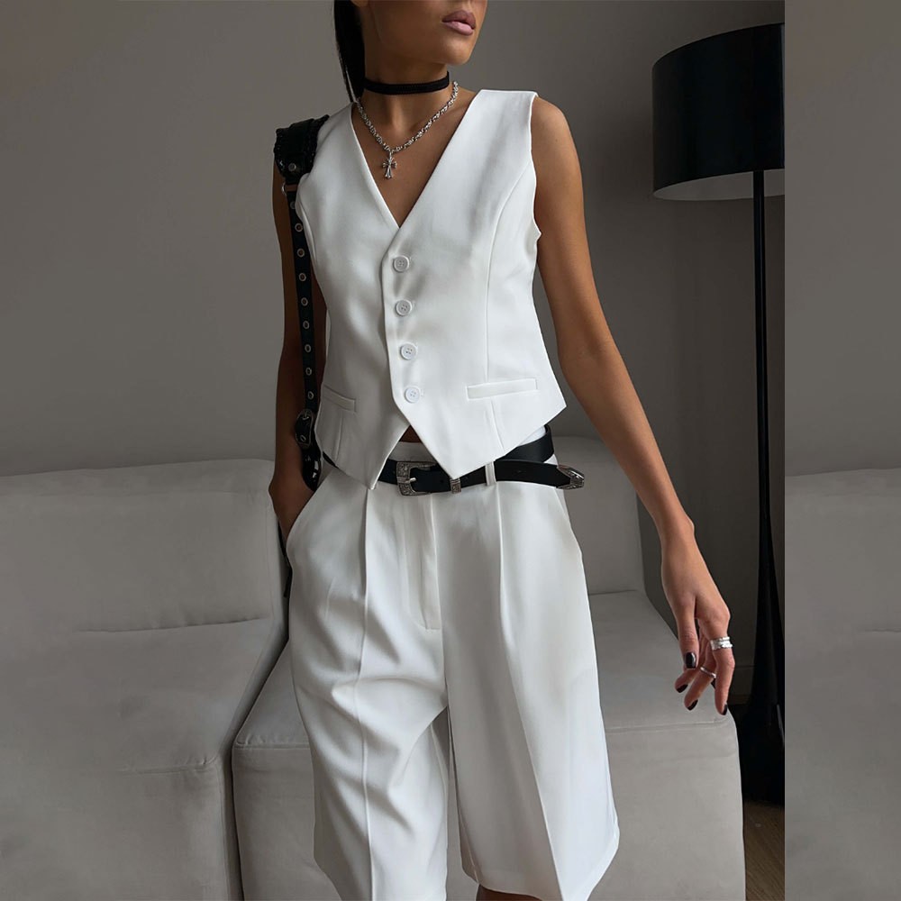 跨境背心马甲套装欧美春夏领单排扣马甲+直筒西装短裤套装
