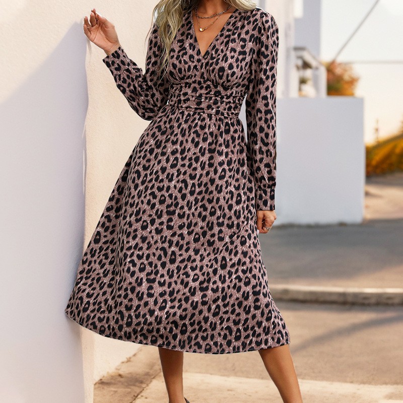 亚马逊新款豹纹印花长袖连衣裙欧美跨境气质通勤高腰领女式长裙