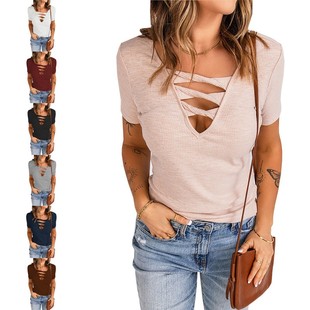 短袖 亚马逊夏季 纯色修身 独立站欧美跨境外贸女装 新款