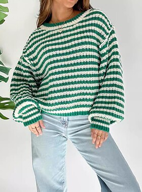 跨境秋冬新款复古条纹针织上衣圆领长袖外穿宽松撞色套头衫毛衣女