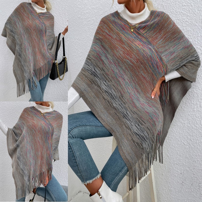 欧美外贸亚马逊独立站跨境秋冬新款金丝彩色流苏披肩毛衣外套