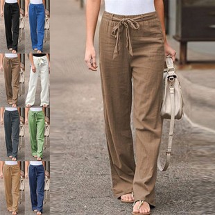 宽松长裤 松紧腰纯色棉麻阔腿裤 女 速卖通夏季 女装