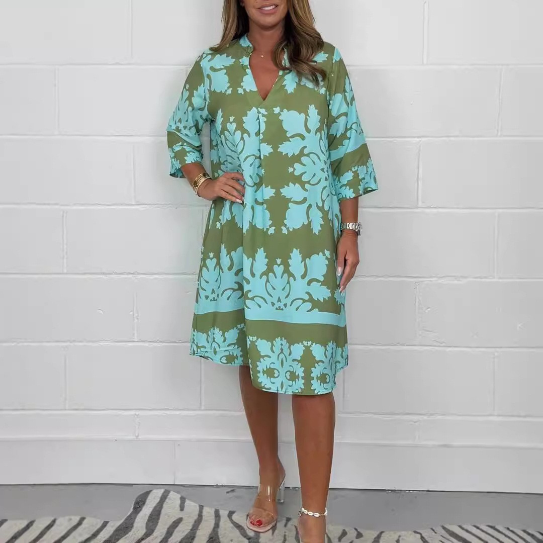 亚马逊独立站速卖通欧美领印花七分袖碎花女装连衣裙