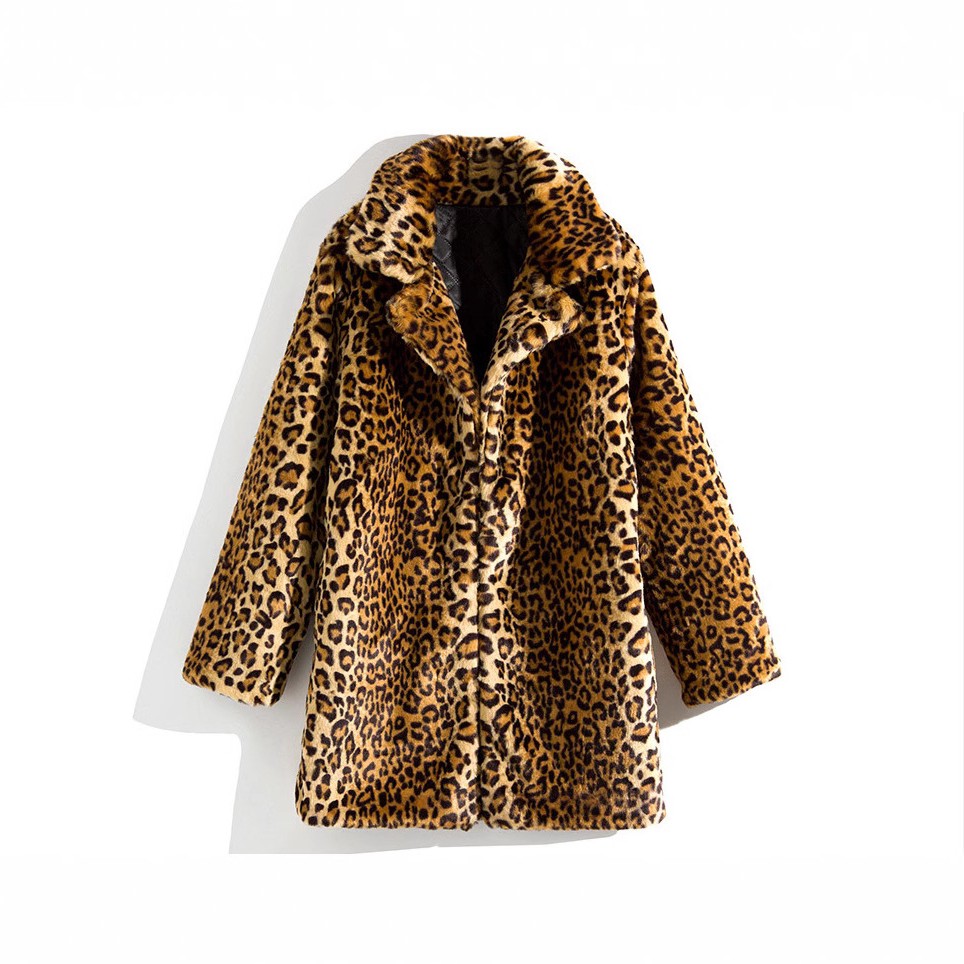 秋冬欧美新款仿皮草豹纹外套女性感百搭中长款西服领外套大衣