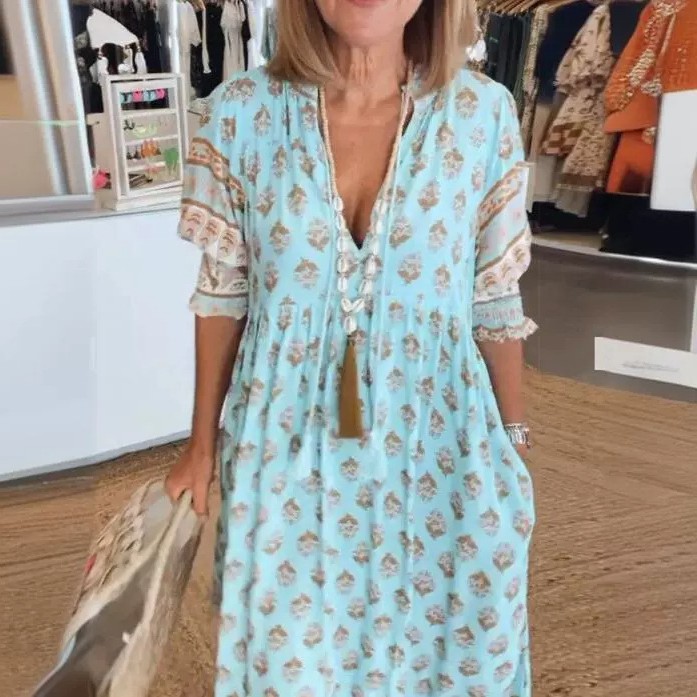 跨境欧美风夏季新款波西米亚领时尚印花灯笼袖高腰大摆连衣裙女