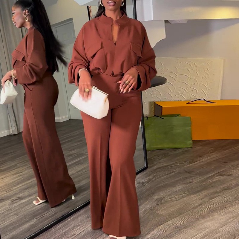 现货跨境欧美大码女装春季新款休闲领长袖上衣阔腿长裤套装