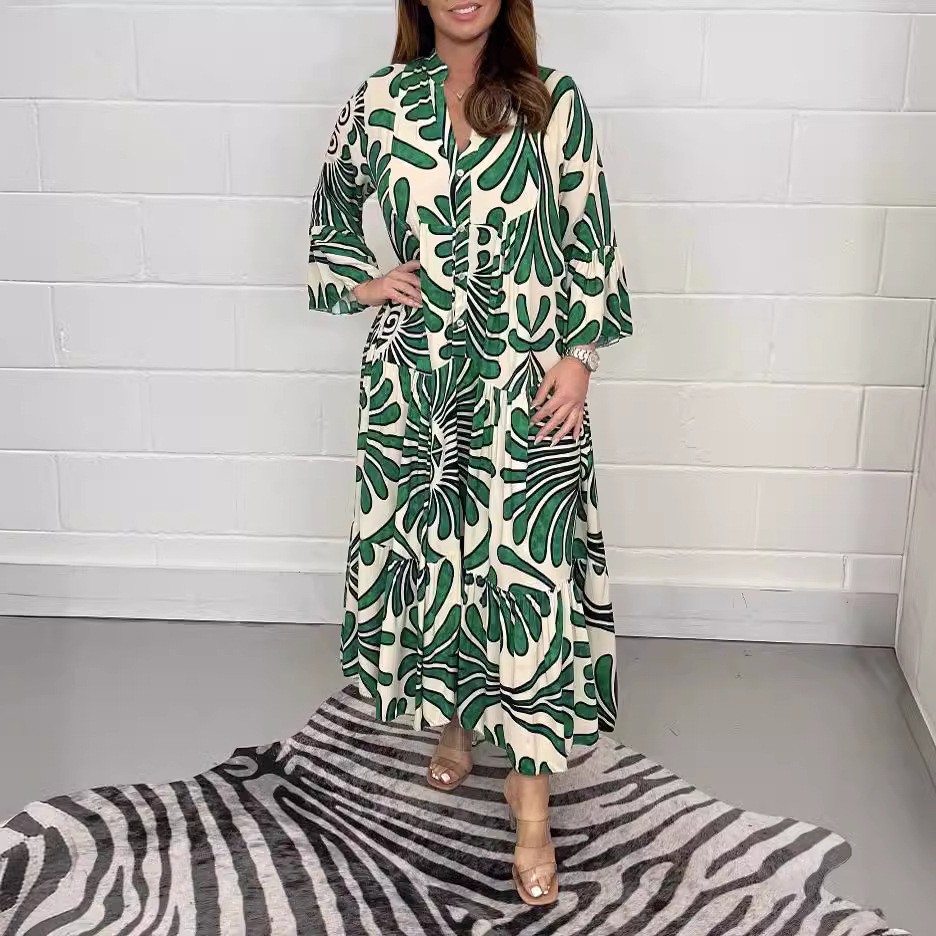 新款欧美时尚跨境印花领九分袖长款连衣裙