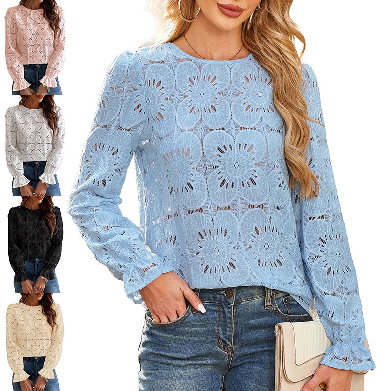 跨境欧美外贸女装亚马逊独立站春夏爆款休闲镂空蕾丝长袖衬衫