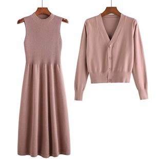 女工厂直销 毛衣连衣裙两件套毛线裙宽松针织开衫 新款 早秋长袖