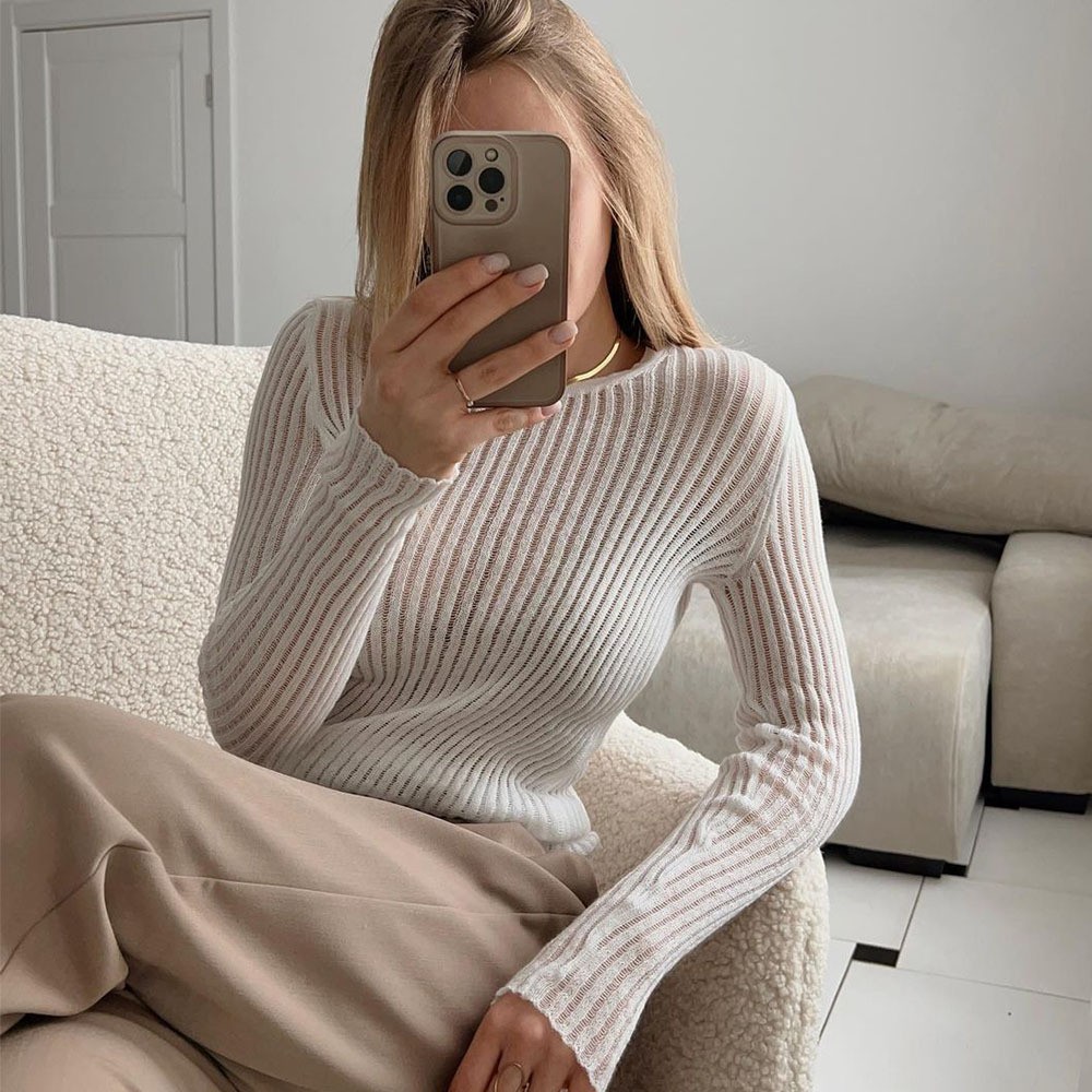 跨境镂空针织衫欧美春夏性感修身羊毛圆领长袖薄款坑条针织衫