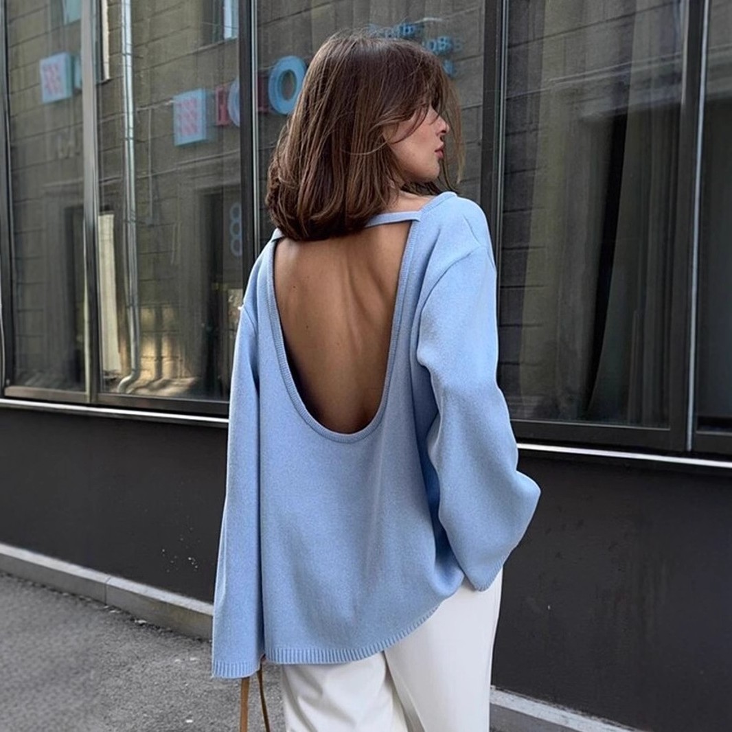 跨境纯棉套头毛衣欧美秋冬新款气质宽松慵懒性感露背针织毛衣