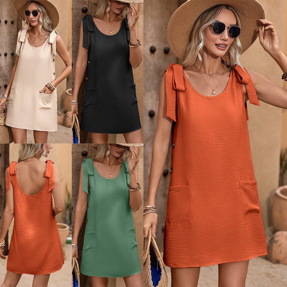 跨境亚马逊圆领休闲装无袖背心连衣裙装饰扣无袖连衣裙裙女,个性定制/设计服务/DIY,连衣裙加工定制,淘宝优惠券,粉丝福利购,淘宝优惠卷