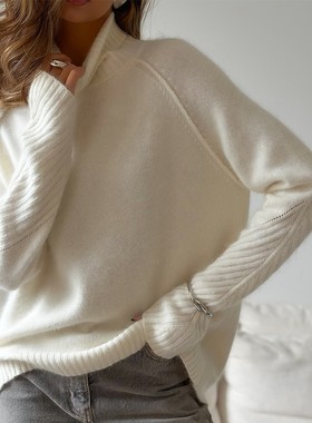 跨境高领套头毛衣欧美秋冬新款白色针织衫宽松休闲针织毛衣女