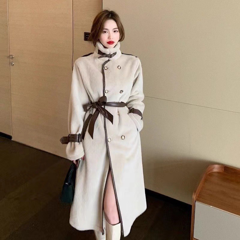 貂绒皮毛一体女士中长款大衣外套新款水貂绒秋冬女腰带款气质