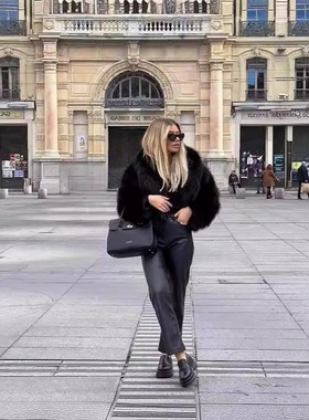 欧美秋冬新款皮草外套女士仿皮草大衣大码黑色女装上衣