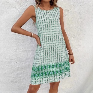 印花宽松透气连衣裙女 休闲百搭无袖 春夏季 跨境欧美新款