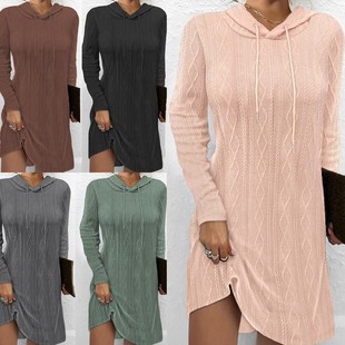 纯色长袖 新款 连帽套头针织连衣裙女 秋季 跨境外贸独立站爆款