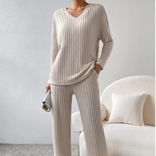 休闲直筒裤 时尚 气质宽松领坑条针织套 新款 跨境两件套女秋季