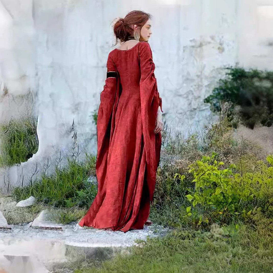 跨境欧美新款复古风长裙纯色长袖仙女群厂家直供