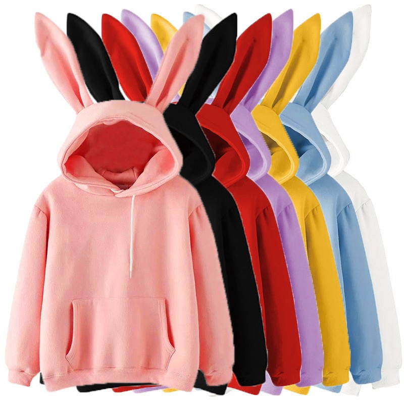 秋冬新款女装原宿卫连帽兔子卫衣纯色宽松型休闲女装上衣