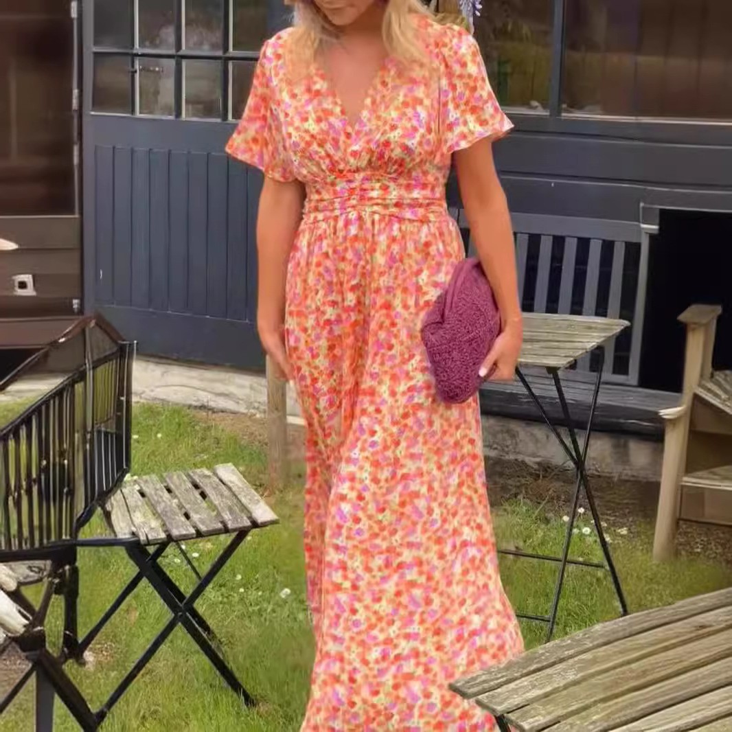 大量现货欧美跨境新款亚马逊女装气质印花收腰领连衣裙