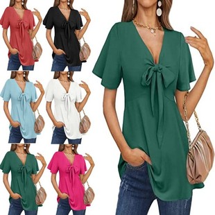 领系带短袖 新款 衬衫 上衣连衣裙休闲夏季 欧美亚马逊跨境女装