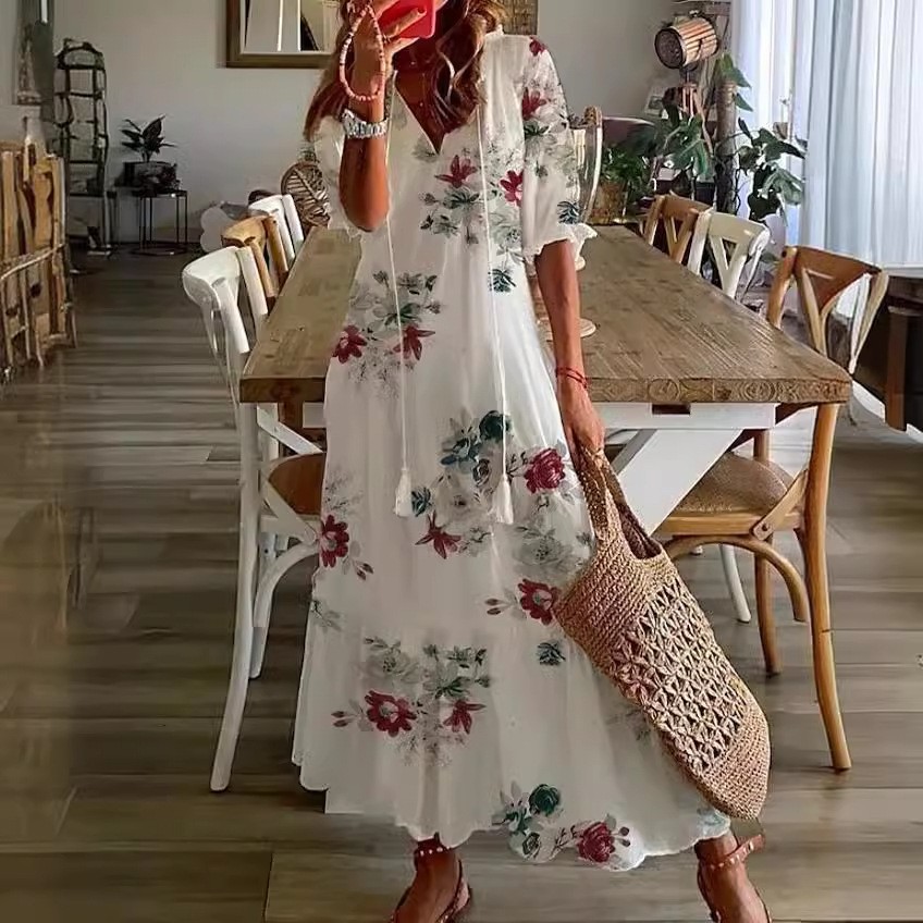 跨境欧美春夏 新款女士中长袖连衣裙带穗宽松波西米亚印花领长裙