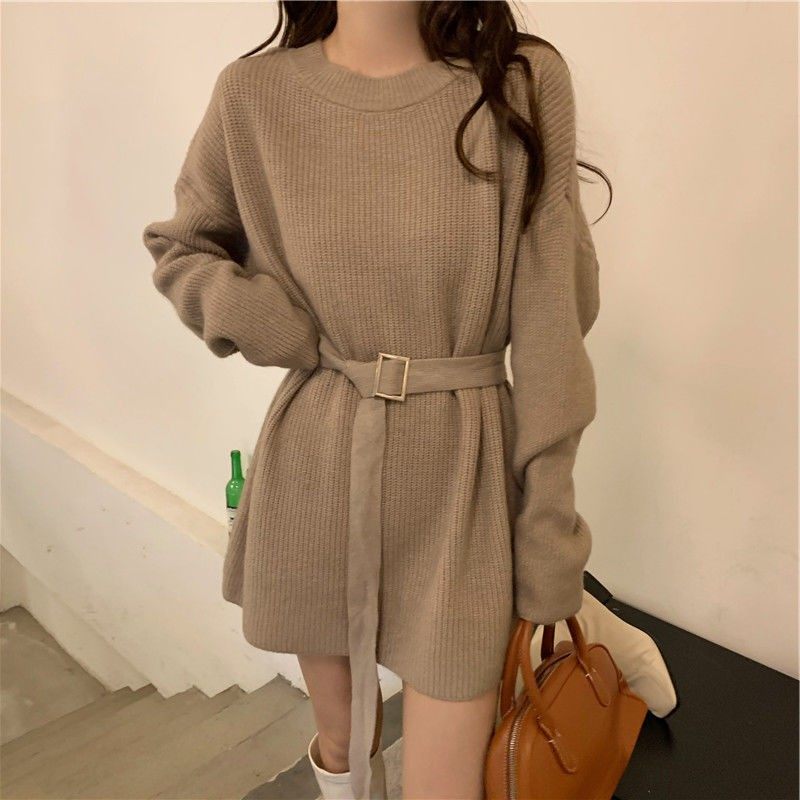 日系慵懒风中长款毛衣女秋冬新款圆领宽松腰带针织衫女外套潮,个性定制/设计服务/DIY,连衣裙加工定制,淘宝优惠券,粉丝福利购,淘宝优惠卷