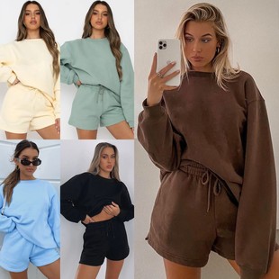 套装 欧美风 纯色宽松百搭休闲圆领卫衣短裤 新款 春秋外贸女装