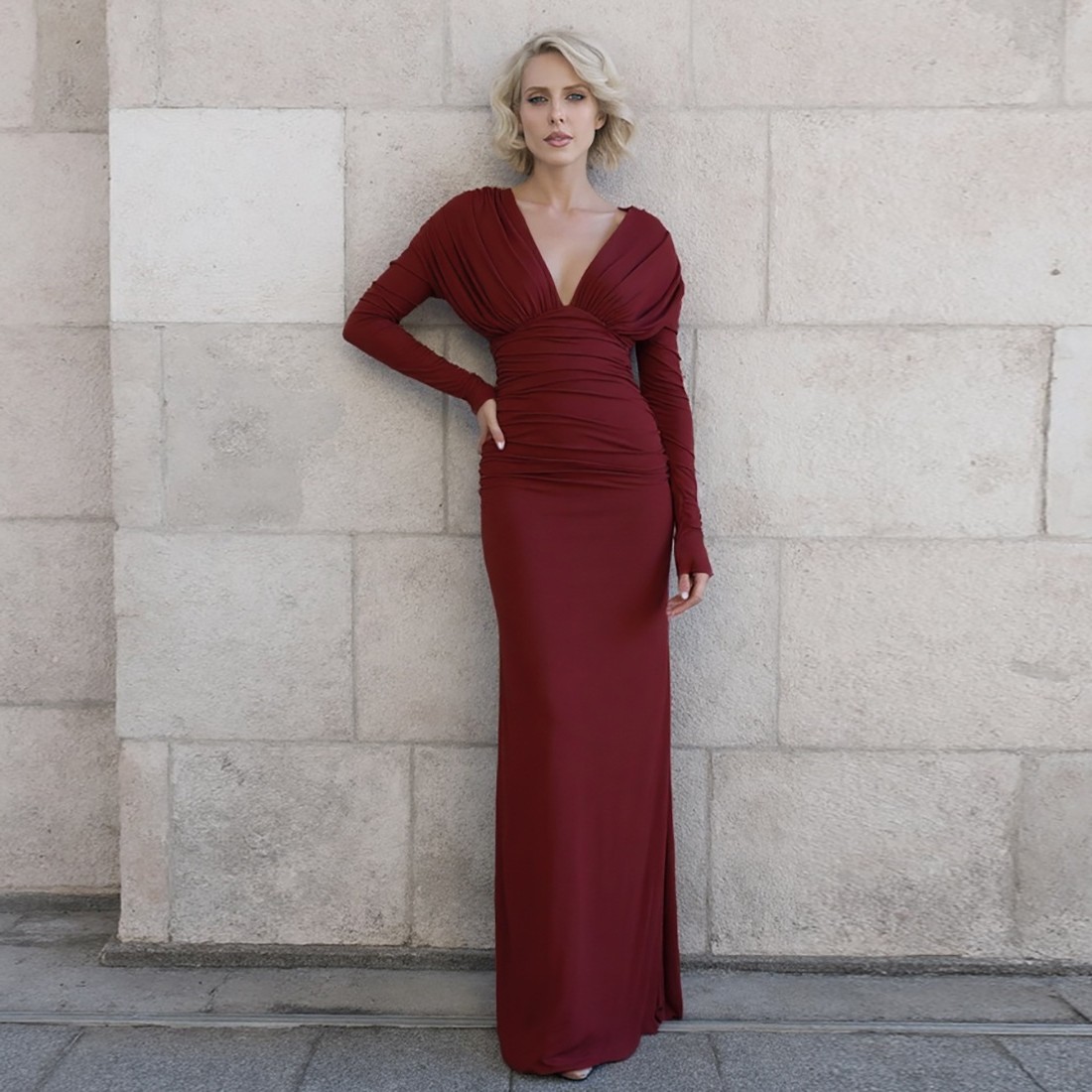 欧美风秋季新款女装时尚气质性感紧身褶皱领高腰长袖连衣裙