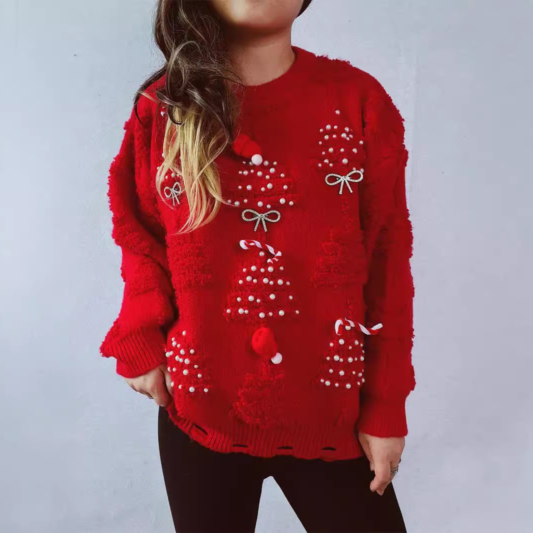 外贸跨境源头货源纯色手工珍珠圣诞立体装饰植绒新年毛衣圣诞毛衣