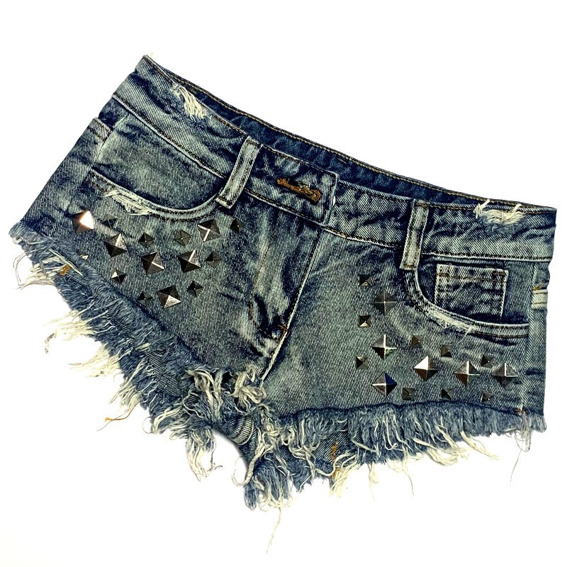 超短铆钉牛仔短裤超低腰热裤欧美朋克风格夜店女裤毛须边破洞洗水
