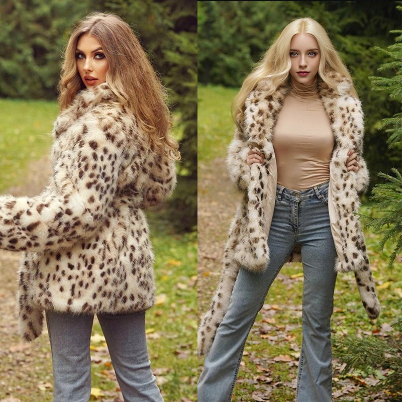 秋冬欧美时尚气质仿皮草豹纹外套 西服领腰带款中长款上衣女
