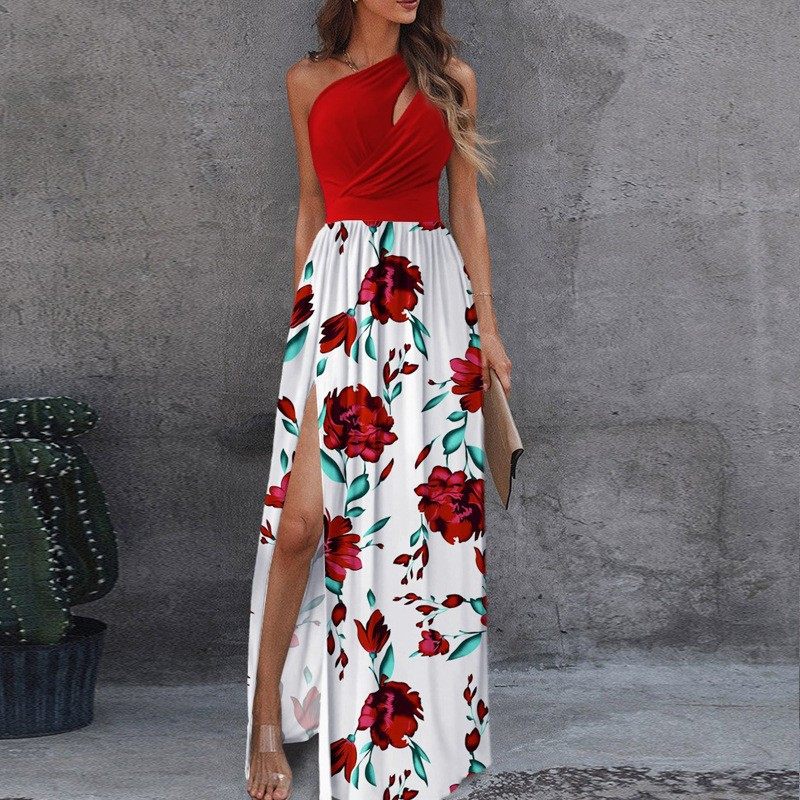 跨境亚马逊欧美女装斜肩长裙气质无袖性感高腰开叉欧美连衣裙,个性定制/设计服务/DIY,连衣裙加工定制,淘宝优惠券,粉丝福利购,淘宝优惠卷