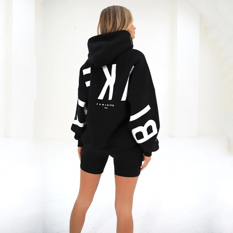 亚马逊独立站欧美秋冬新款时尚印花加厚抓绒宽松连帽卫衣女