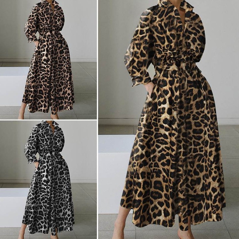 新款亚马逊雪纺印花宽松松紧高腰显瘦气质学院风开衫连衣裙