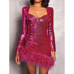 sequin 时尚 dress feather sleeve 亮片羽毛长袖 礼服连衣裙女Long