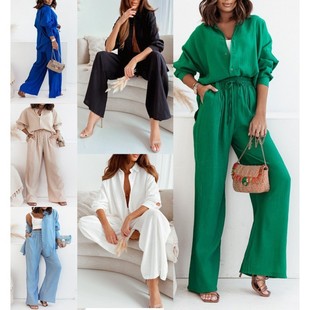 欧美秋冬新款 休闲套装 宽松弹力皱长袖 阔腿裤 女件套 衬衫 时尚