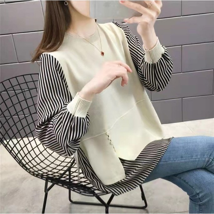 日系慵懒风假两件圆领针织衫女新款上衣宽松拼接衬衫毛衣女打底衫