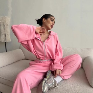 抽绳连帽卫衣运动松紧裤 拉链开衫 二件套 纯色长袖 欧美女士休闲套装