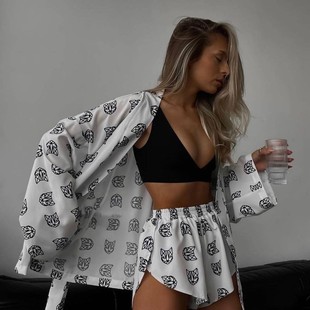 套装 欧美跨境新款 印花休闲通勤系带睡衣高腰短裤 女装 宽松长袖