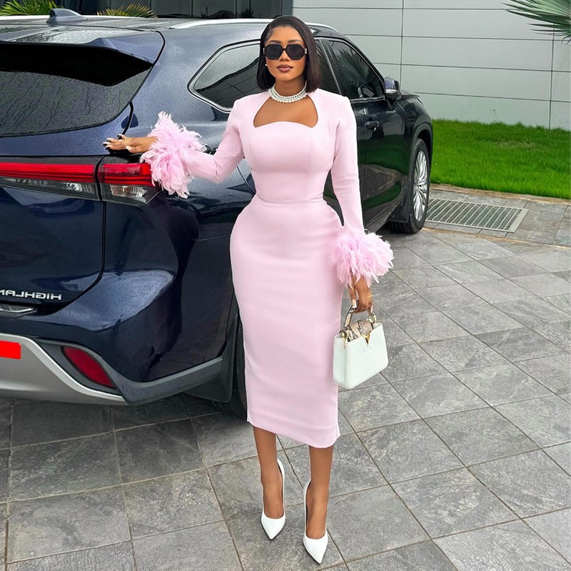 欧美女装秋季新款甜美清新方领长袖羽毛装饰高腰显瘦连衣裙