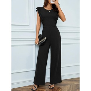 现货欧美跨境热销独立网外贸女士高腰荷叶边阔腿连衣裤 速卖通