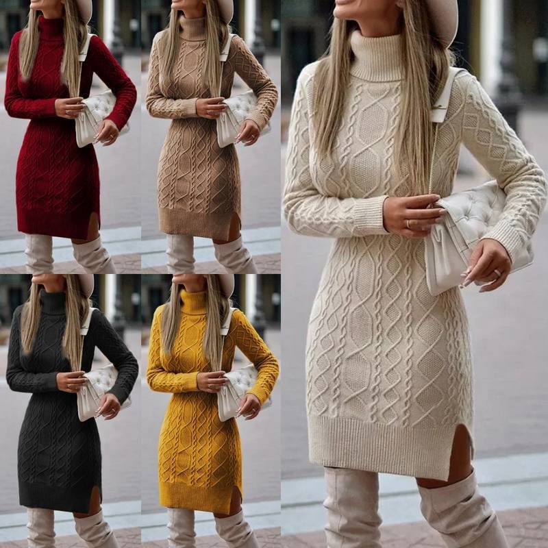 亚马逊外贸欧美新款高领修身长款秋冬保暖毛衣女连衣裙