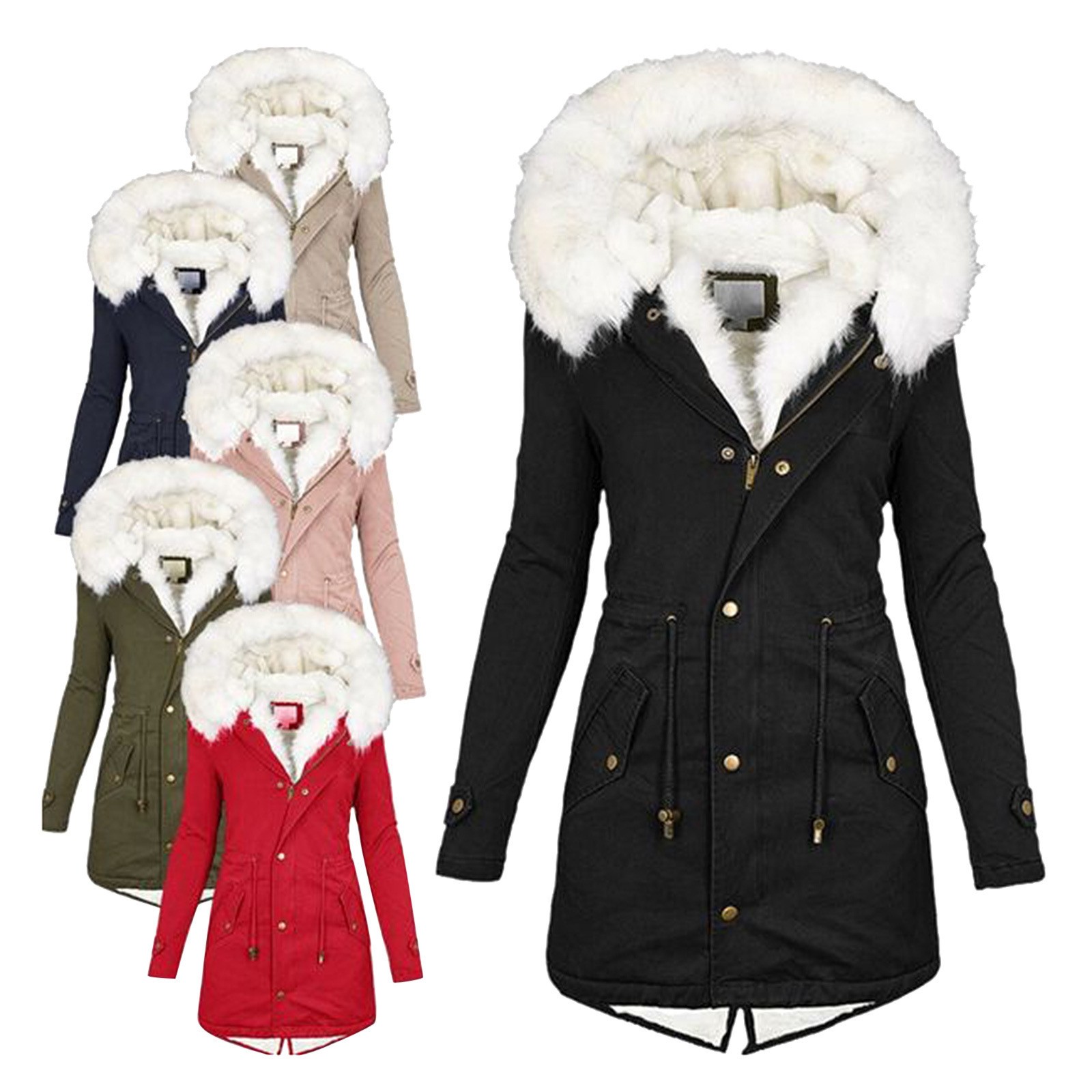 欧美跨境新款女装棉服连帽毛领收腰加厚中长款女士大码棉衣外套