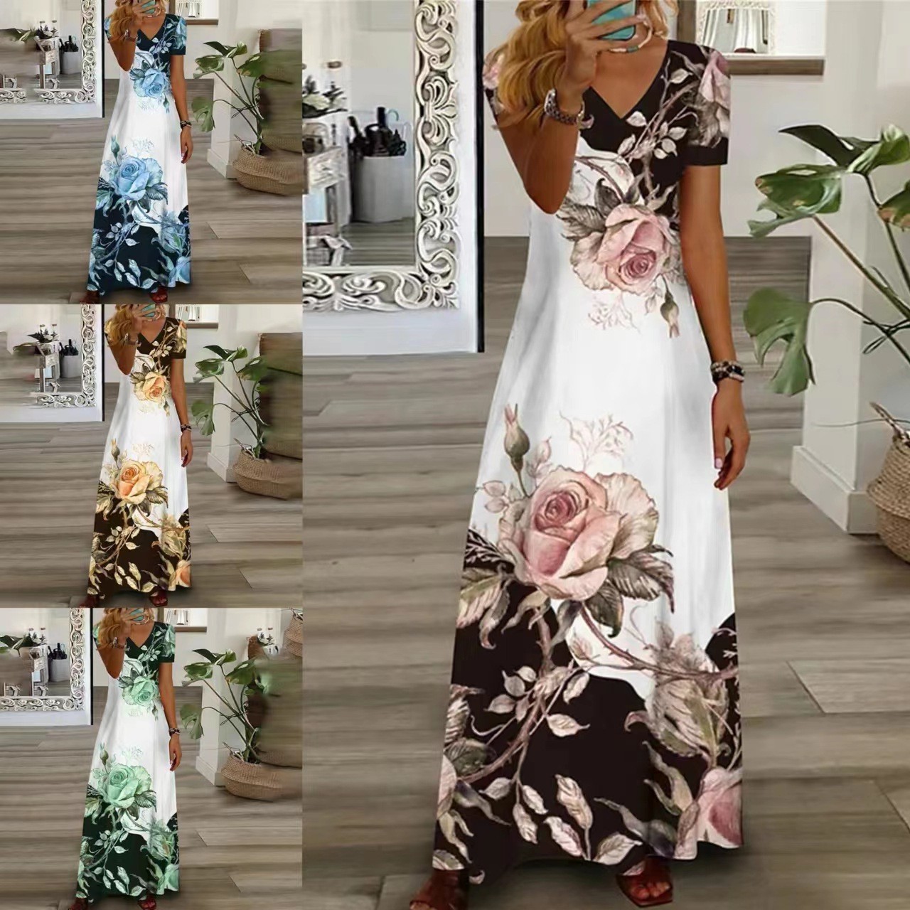 欧美跨境女装新款 速卖通亚马逊潮流印花领短袖长款连衣裙