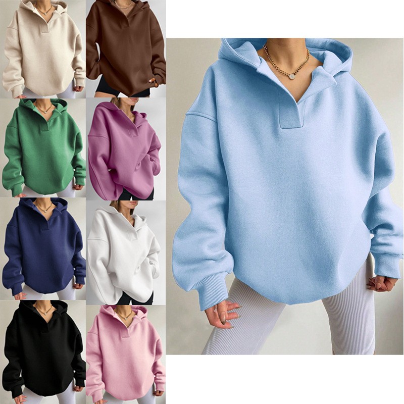 秋冬亚马逊跨境欧美女士运动衫纯色长袖连帽纯色宽松卫衣女上