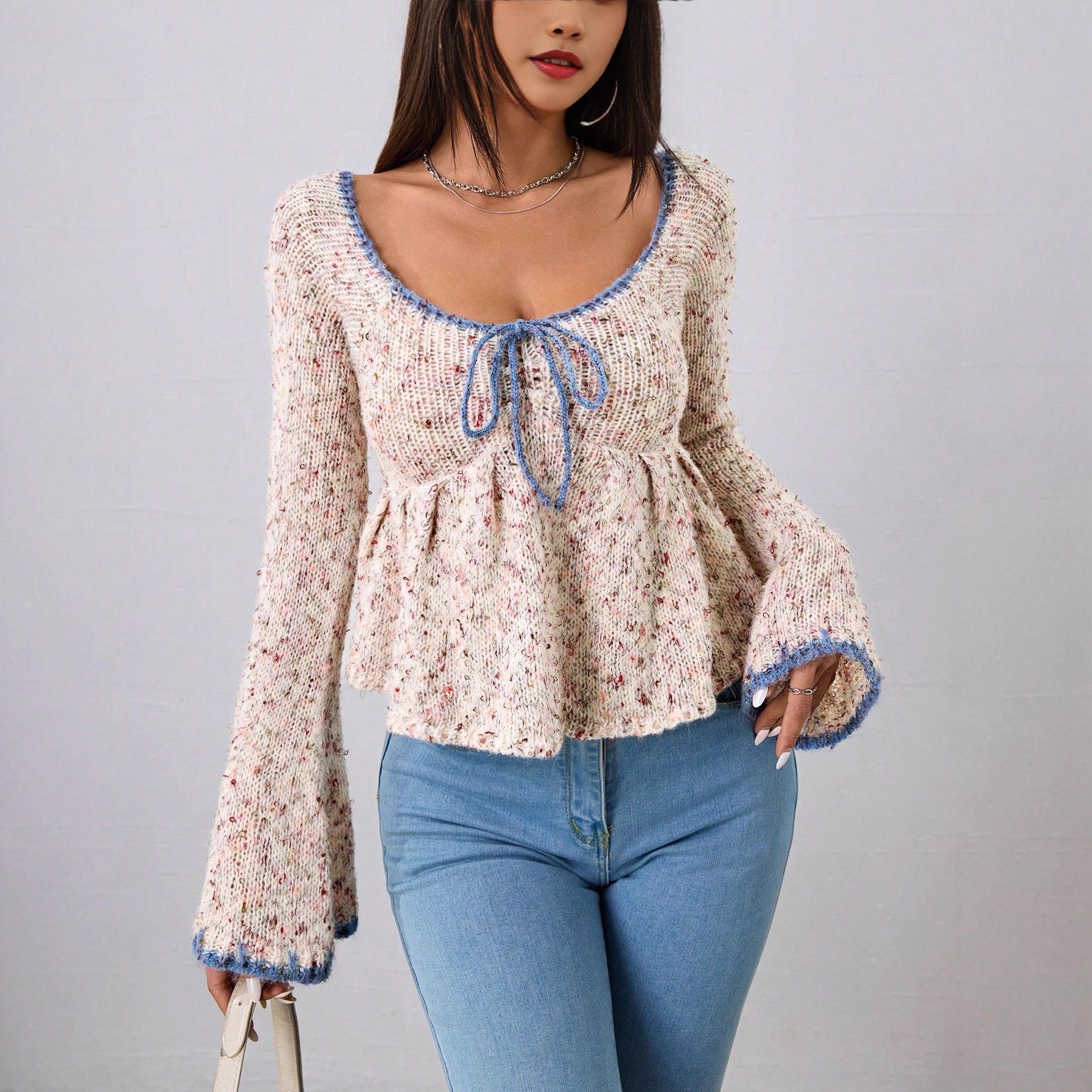 跨境秋冬女士优雅时尚针织衫 浪漫甜美大领系带喇叭袖针织毛衣女